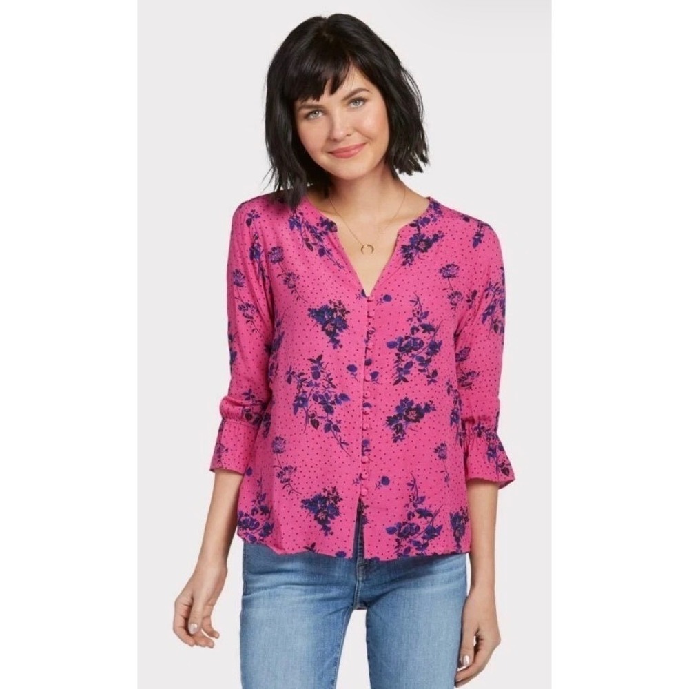 Sanctuary Womens Pink Floral Polka Dot Button Front Ruffle Sleeve Blouse XS